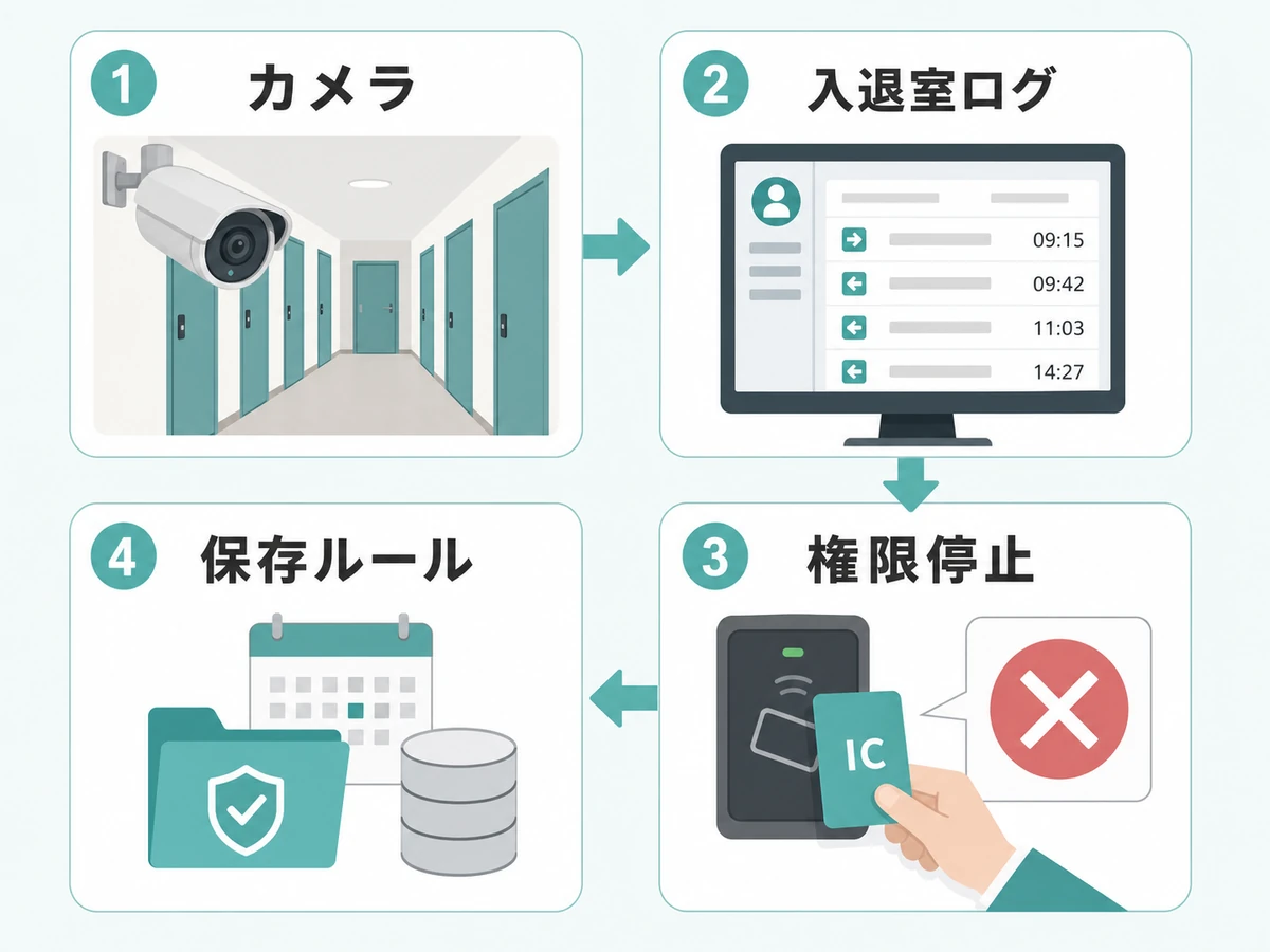監視カメラ、入退室ログ、権限停止、保存ルールの関係を示す図