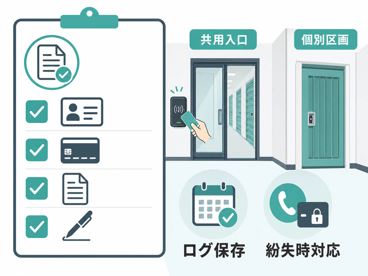 契約前に確認する共用入口、個別区画、ログ保存、紛失時対応の図