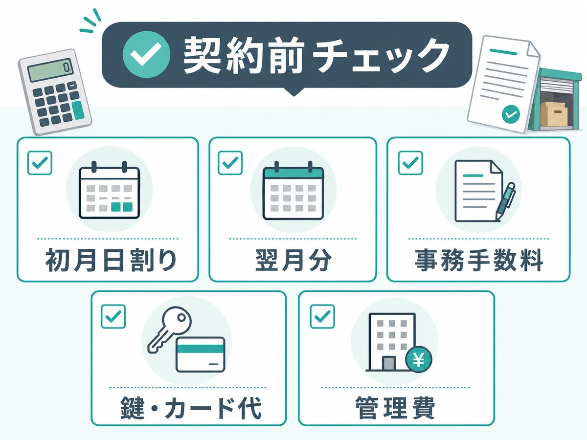 契約前に確認する初回請求、事務手数料、鍵代、管理費のチェック図