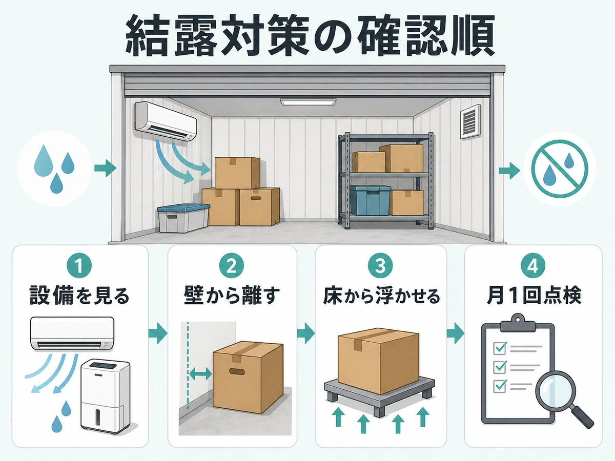 屋内型トランクルームの結露対策で確認する順番を示す図解