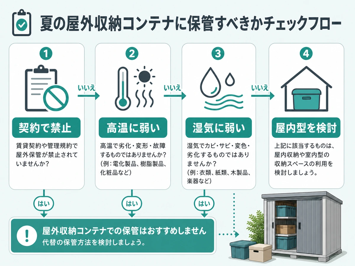 夏の屋外コンテナに預ける荷物を契約・高温・湿気で確認するチェックフロー