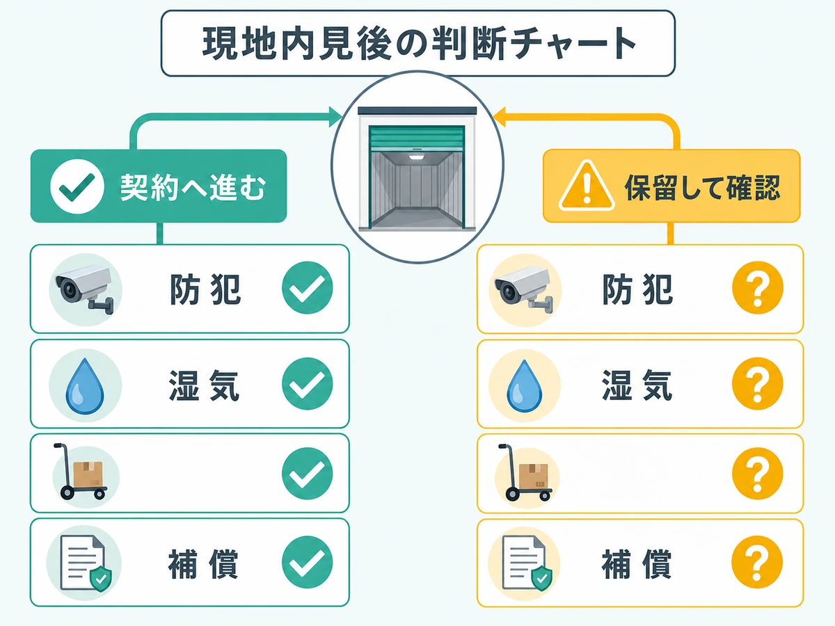 現地見学後に契約へ進むか保留して確認するかを示す判断チャート