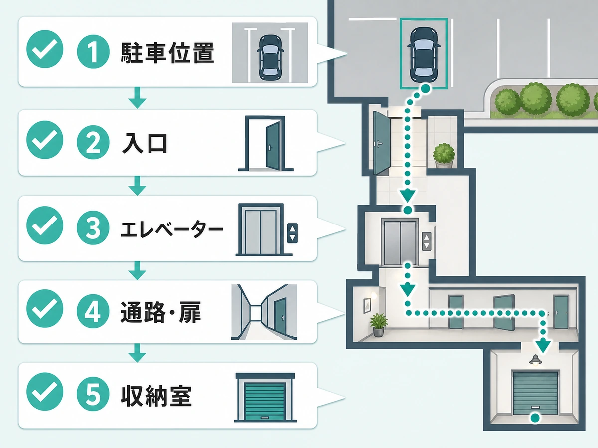 駐車位置から収納室までの搬入ルート確認フロー