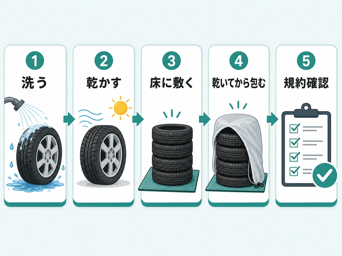 タイヤ保管前に洗う、乾かす、床に敷く、乾いてから包む、規約確認を行う流れ