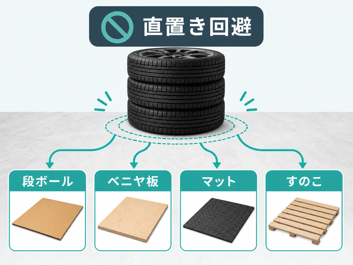 タイヤを床に直置きせず段ボール、ベニヤ板、マット、すのこで保護する選び方