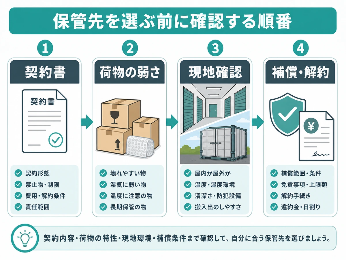 契約書、荷物の弱さ、現地確認、補償・解約を順番に確認する流れ