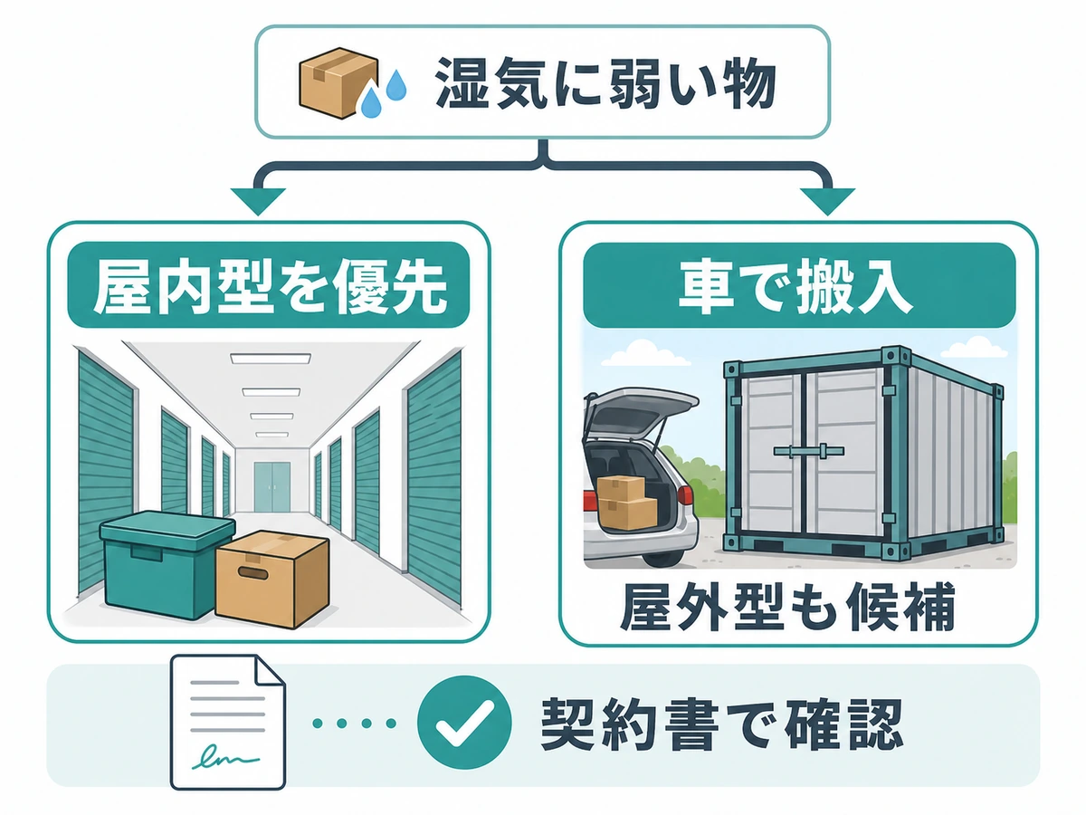 湿気に弱い荷物、屋内型、屋外型、契約確認の判断分岐