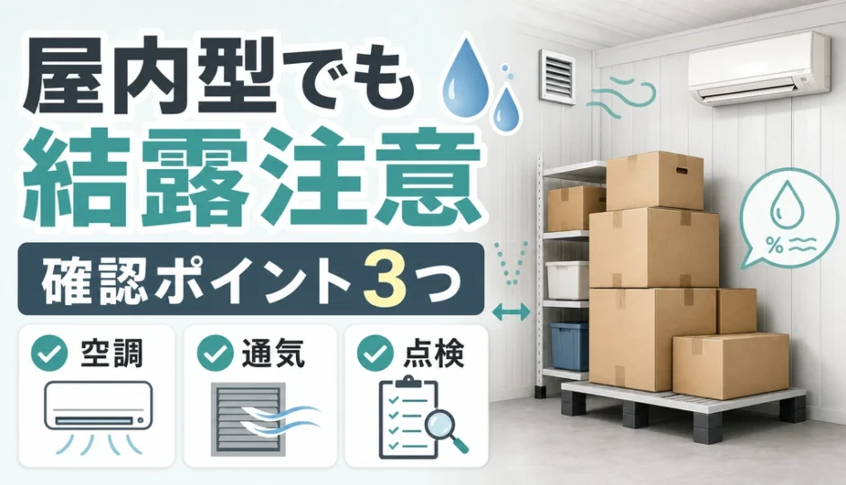 屋内型トランクルームでも結露に注意が必要な確認ポイント3つを示すサムネイル