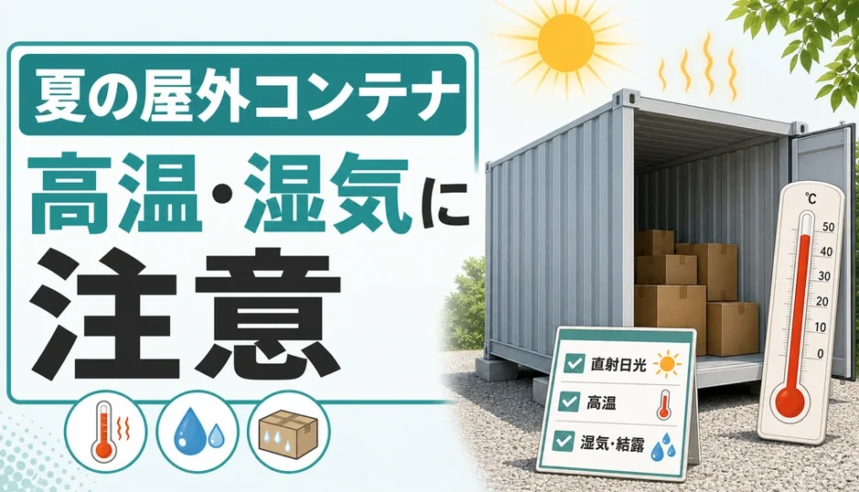 夏の屋外コンテナは高温と湿気に注意が必要なことを示す図解