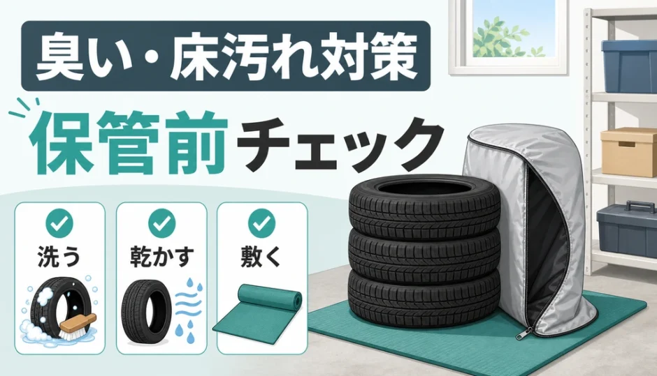 タイヤ保管の臭い・床汚れ対策と保管前チェックを示すサムネイル