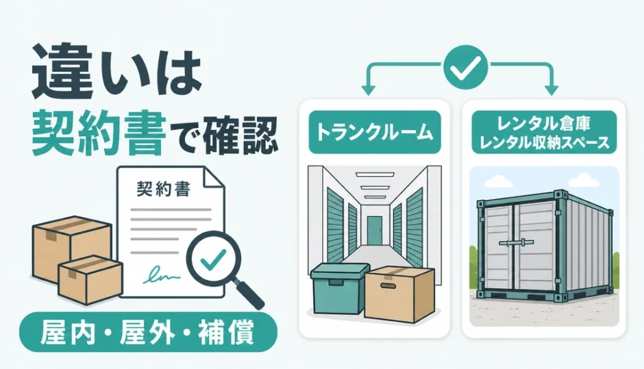 契約書、屋内型、屋外型、補償を確認して保管先を選ぶ図