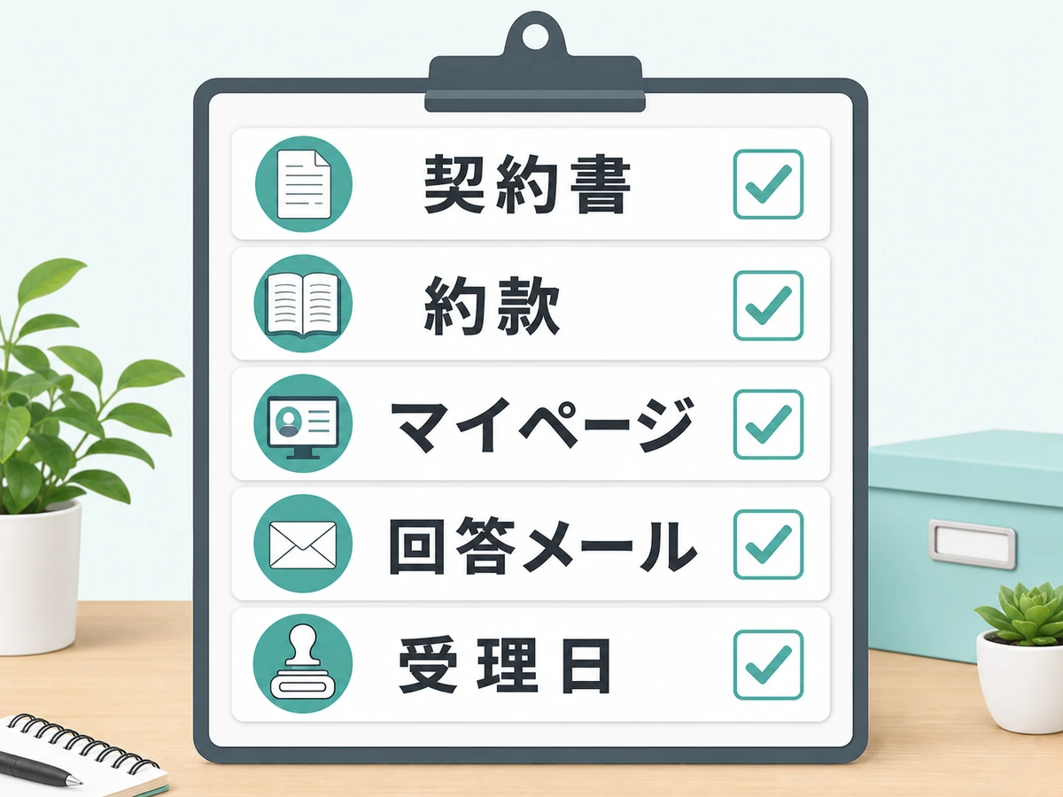 契約書・約款・マイページ・回答メール・受理日の確認項目