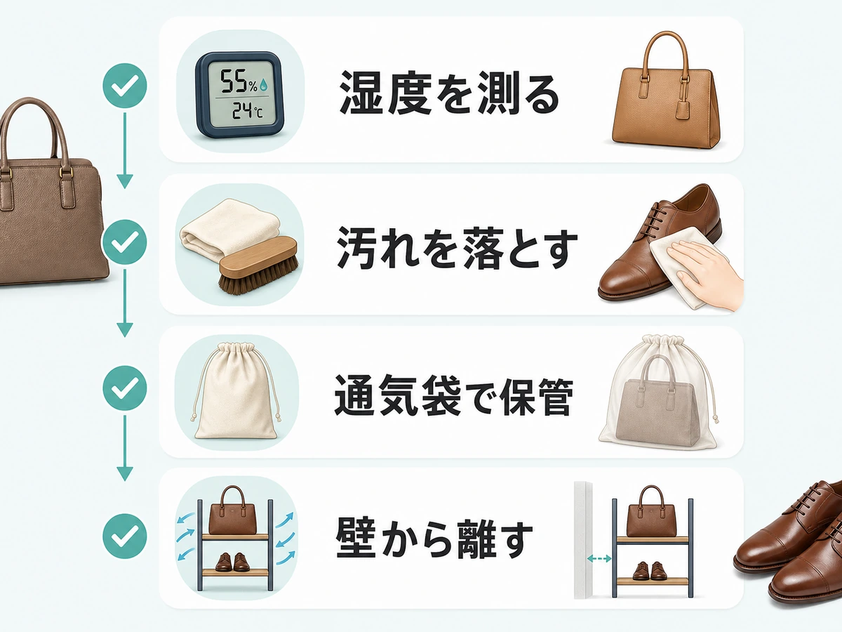 革製品を保管する前に湿度を測り汚れを落として通気袋へ入れる確認手順