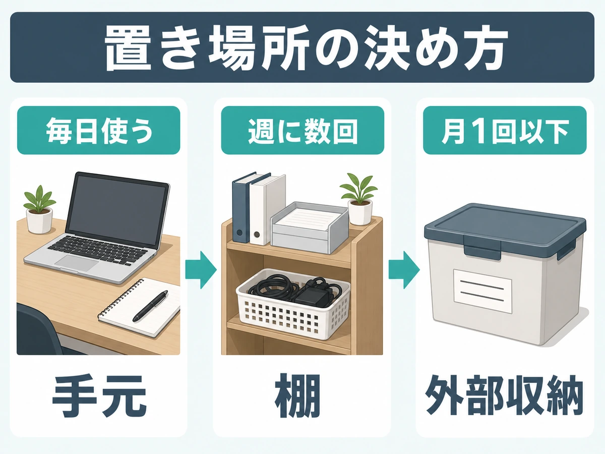 在宅ワークの仕事道具を毎日使う物、週に数回使う物、月1回以下の物に分ける図解