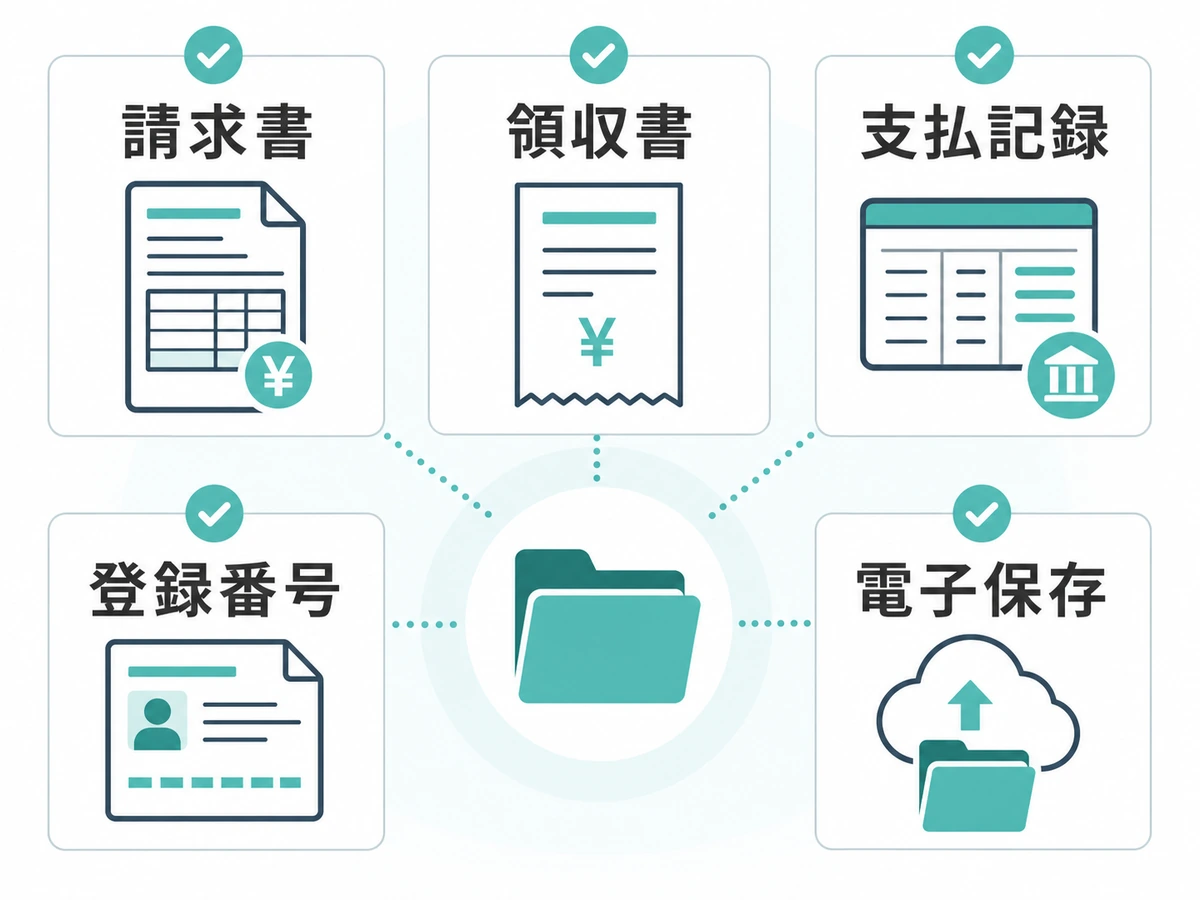 請求書、領収書、支払記録、登録番号、電子保存を確認する書類チェック表