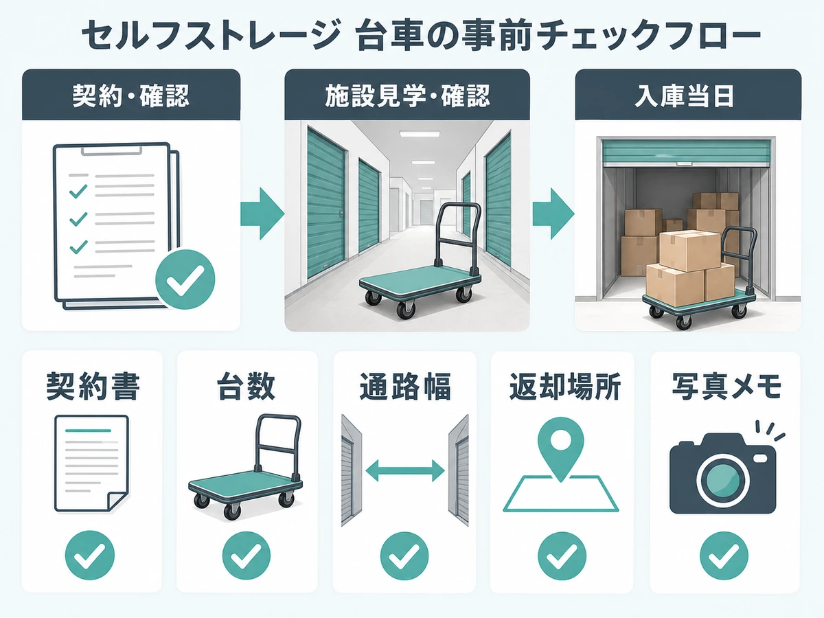 トランクルームの台車を使う前に契約書、台数、通路幅、返却場所、写真メモを確認する流れ