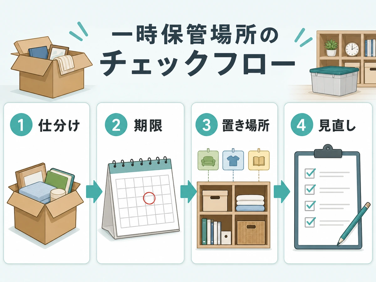 断捨離の一時置き場を仕分け、期限、置き場所、見直しで確認する流れ