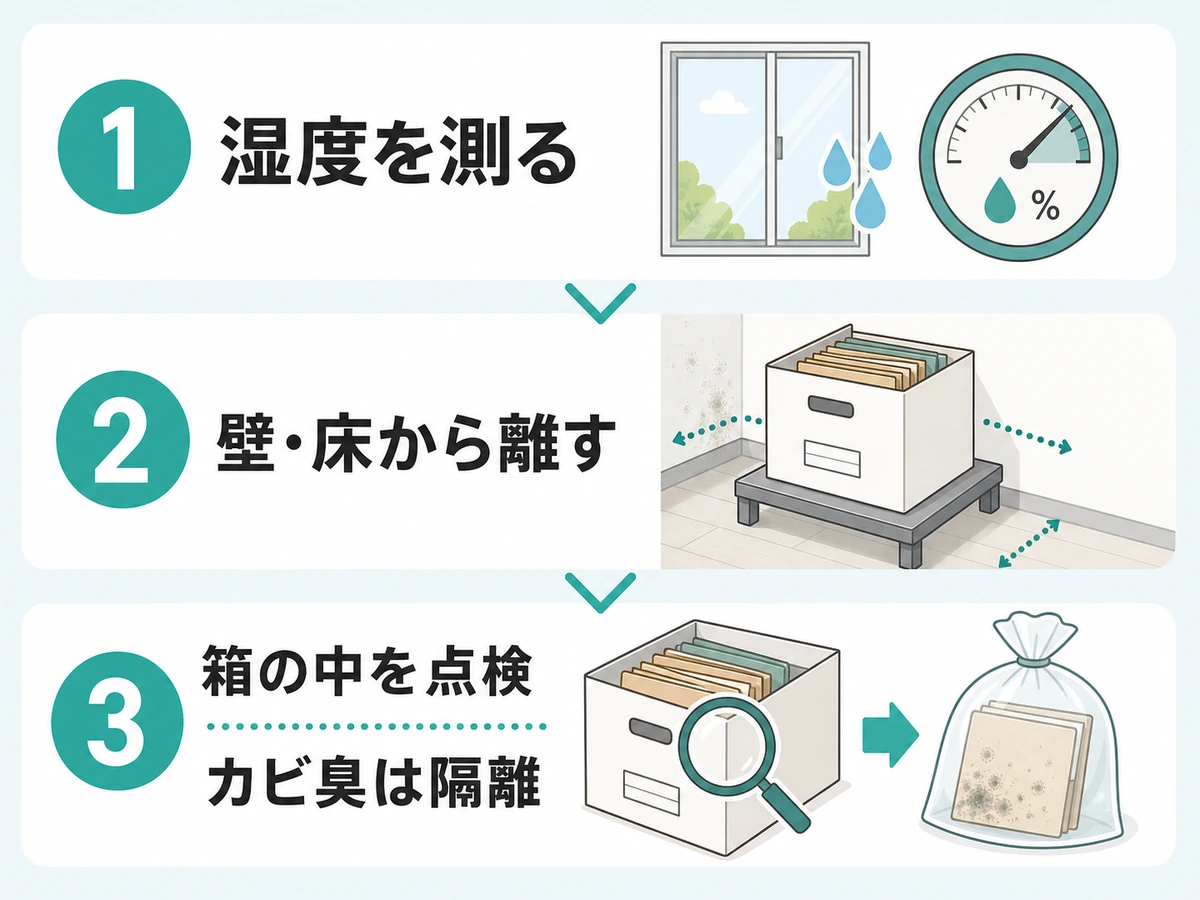 書類保管前に湿度、壁や床からの距離、箱内点検を確認する流れ