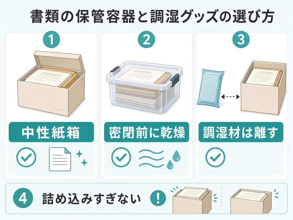 書類の保管容器と調湿材の選び方を示す比較図