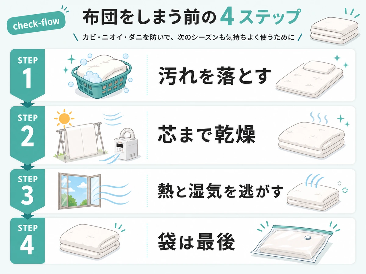 布団を収納する前の汚れ落とし、乾燥、放湿、袋詰めの流れ