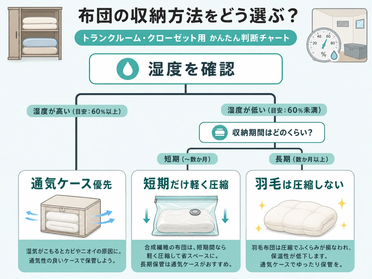 布団の素材と保管期間で圧縮袋か通気ケースかを選ぶ判断図