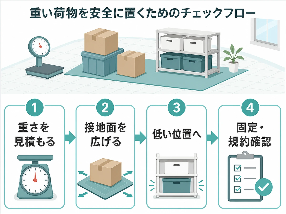 重い荷物を置く前に重さ、接地面、低い位置、固定と規約を確認する流れ
