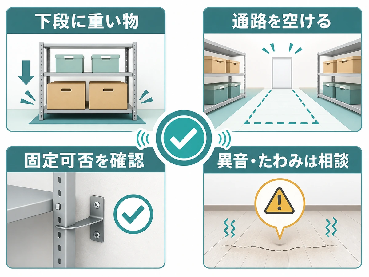 重い荷物を下段に置き、通路と固定可否を確認する地震対策の判断図