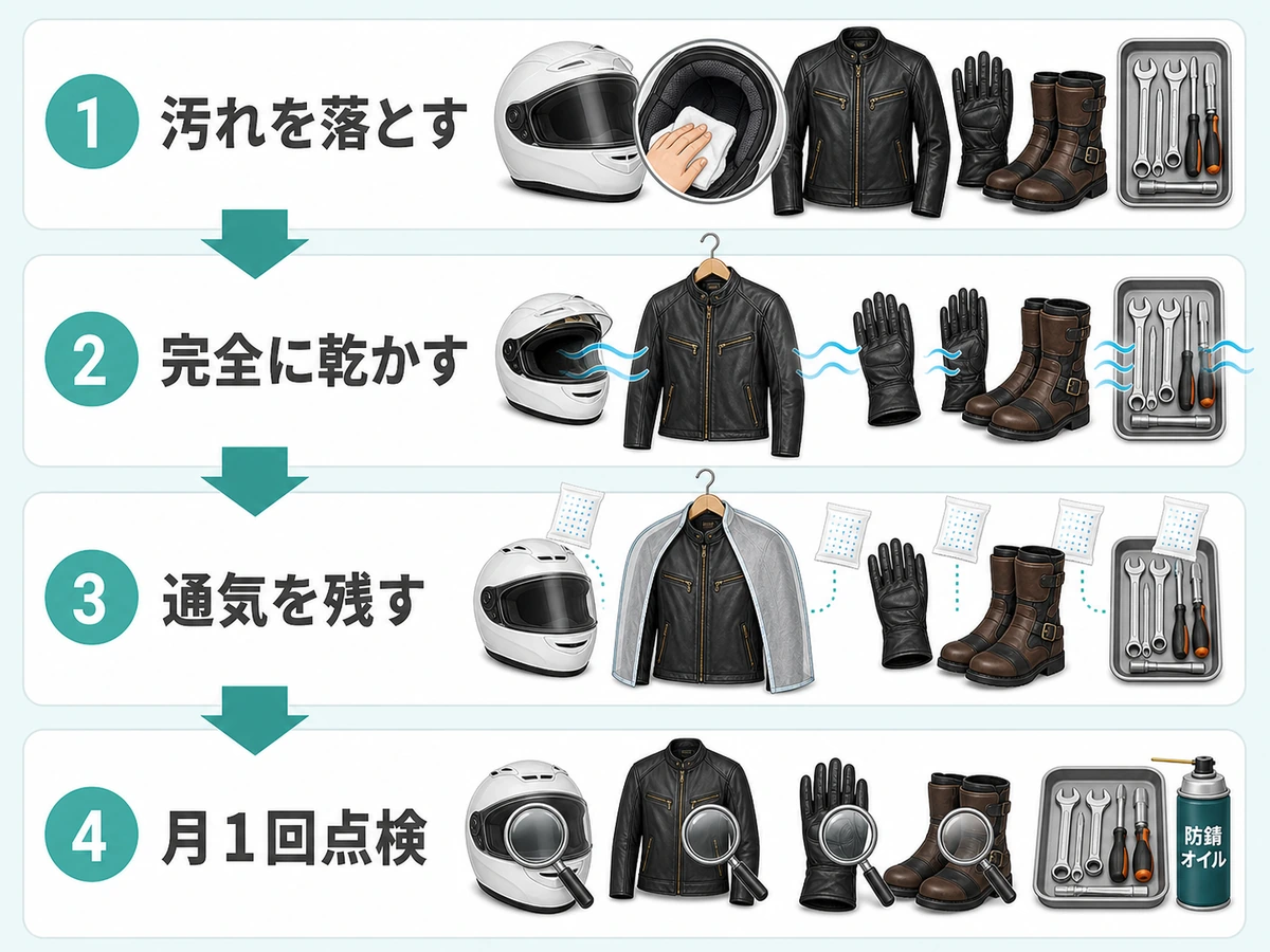 バイク用品を保管する前の洗浄、乾燥、通気、点検の流れ
