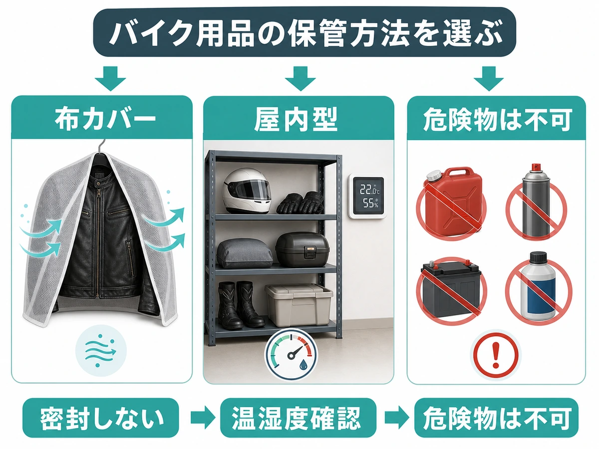 バイク用品の密封収納と屋内型保管を判断する図解