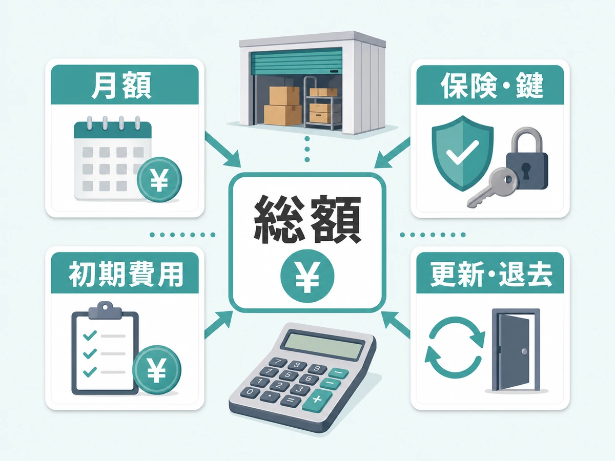 月額・初期費用・保険や鍵・更新や退去を含めて総額を見る図