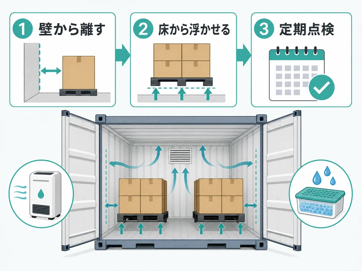 壁から離す、床から浮かせる、定期点検の結露対策チェックフロー
