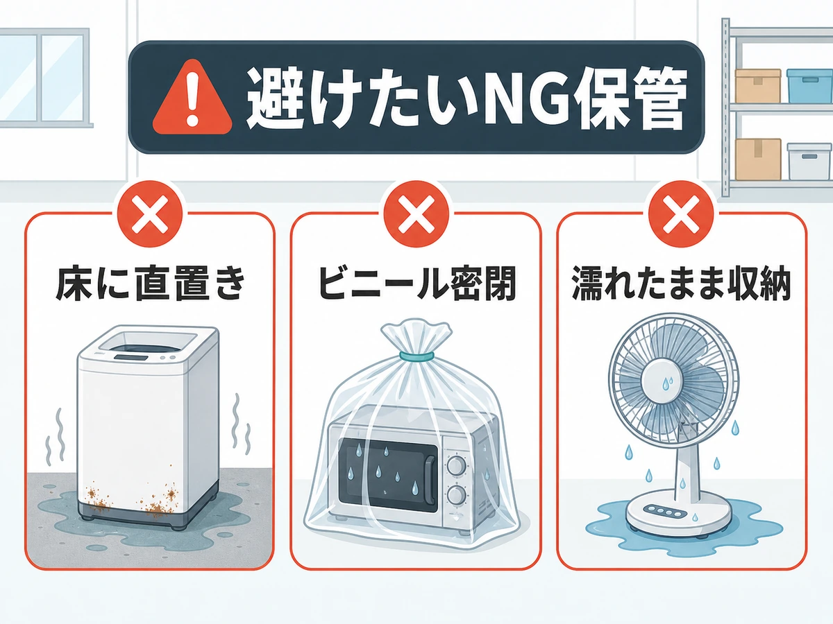 家電保管で避けたい床直置き・ビニール密閉・濡れたまま収納