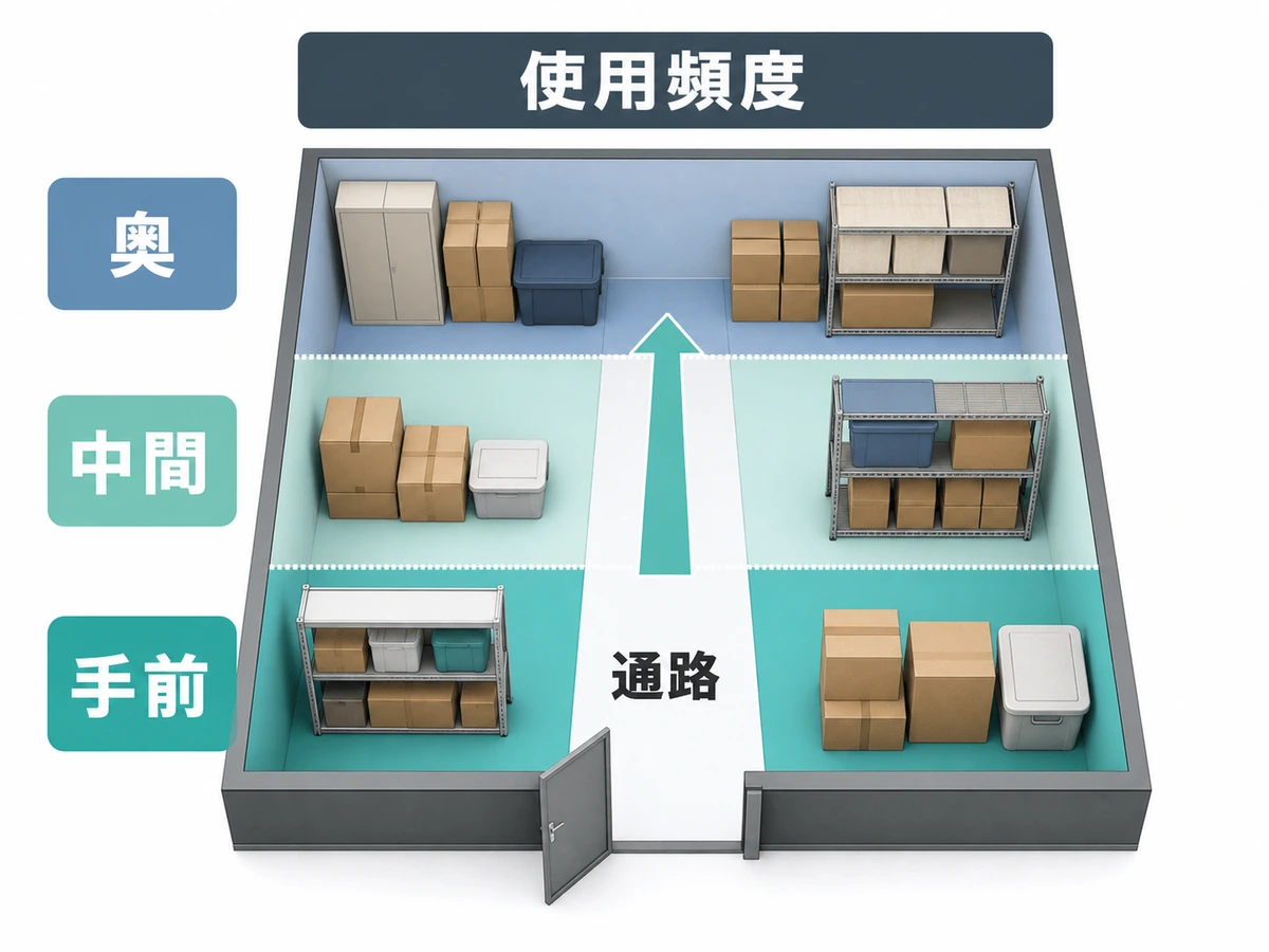 トランクルームの手前・中間・奥と通路を示す収納レイアウト図