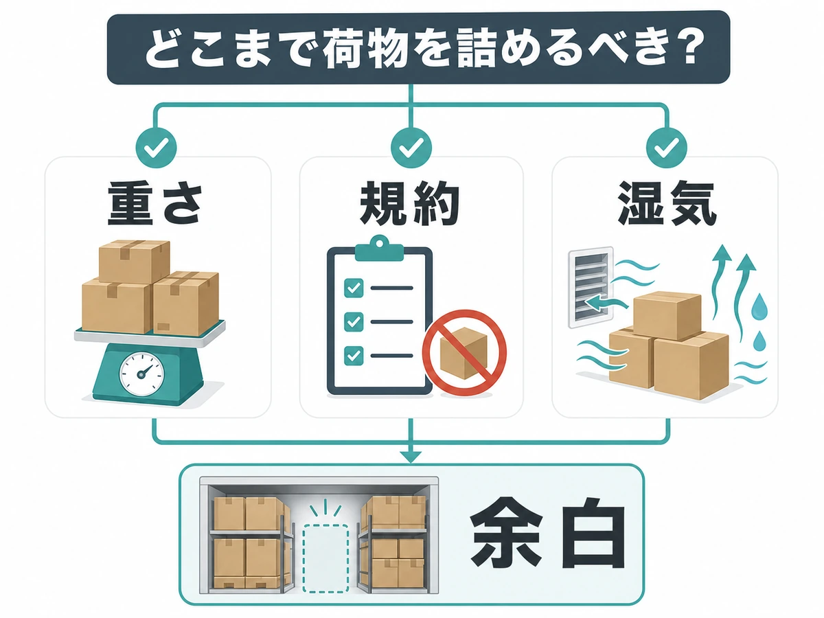 トランクルームに荷物を詰める前の重さ・規約・湿気・余白の判断図