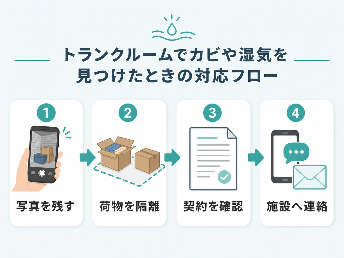 トランクルームでカビや湿気を見つけたときの写真保存、荷物隔離、契約確認、施設連絡の流れ