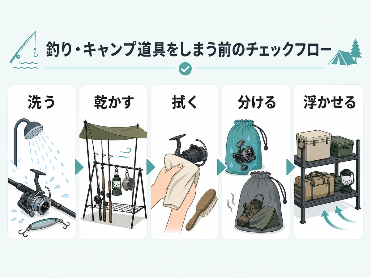 釣り・キャンプ道具をしまう前の洗浄と乾燥の確認順