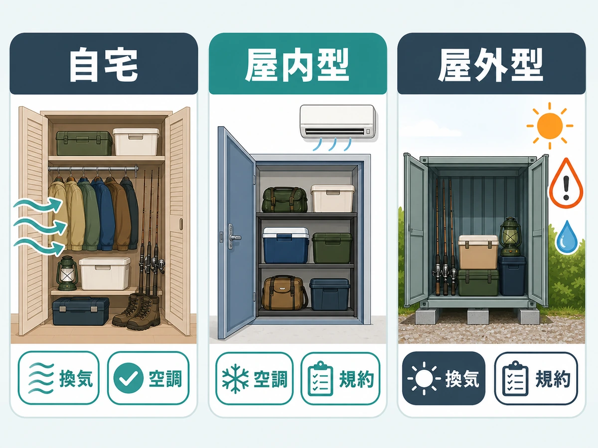 釣り・キャンプ道具の保管場所を自宅・屋内型・屋外型で比べる図