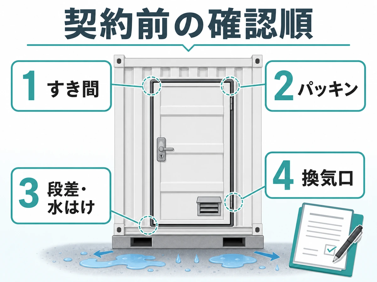 屋外型トランクルームの扉まわりで確認するすき間、パッキン、段差、水はけ、換気口の図