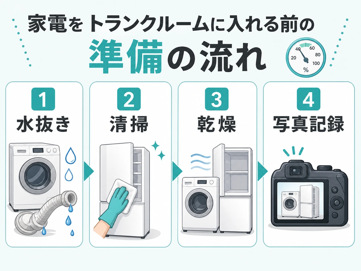 家電をトランクルームに預ける前の水抜き・清掃・乾燥・写真記録の流れ