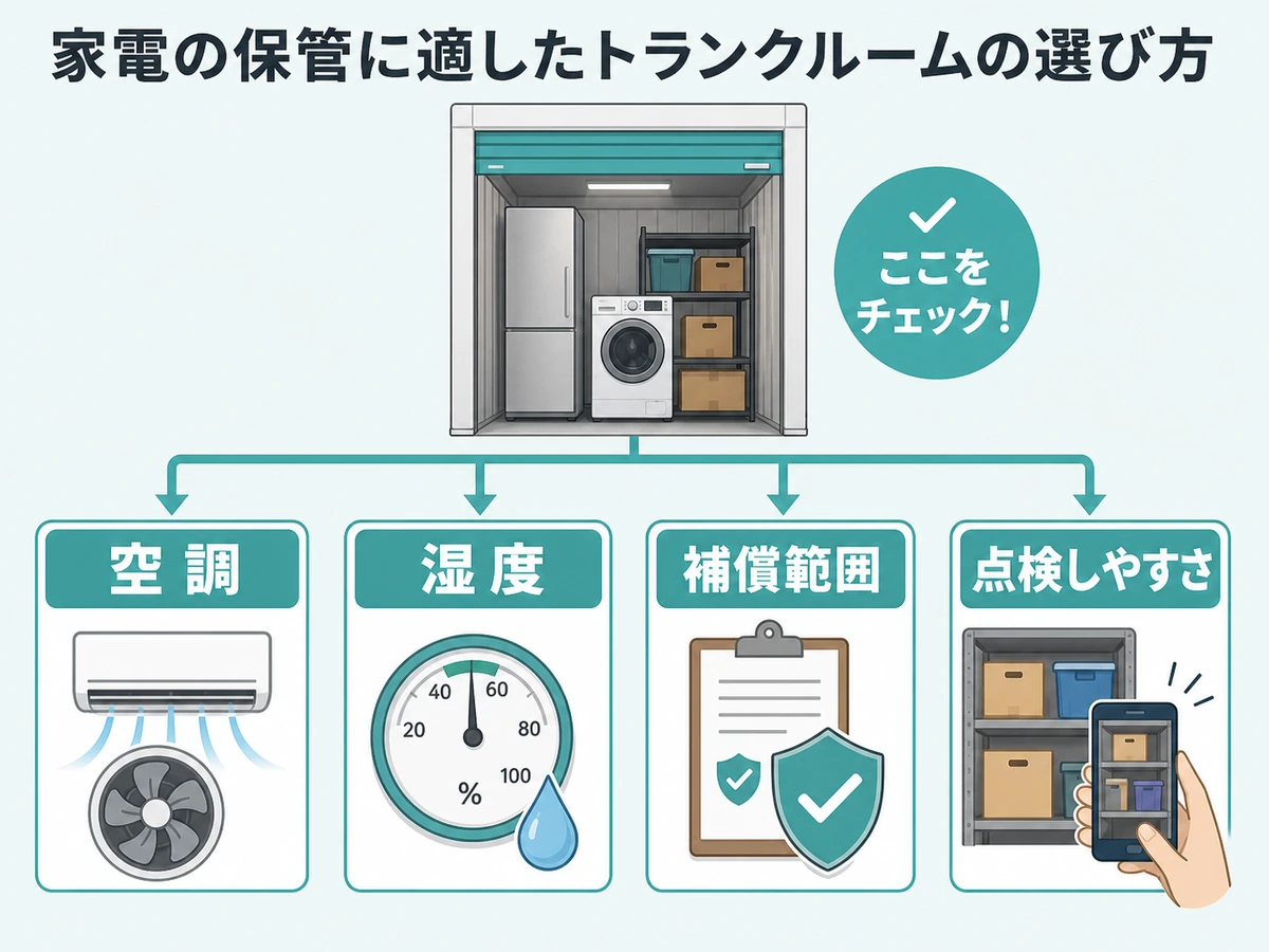 家電保管に向くトランクルームの空調・湿度・補償範囲・点検しやすさの確認図