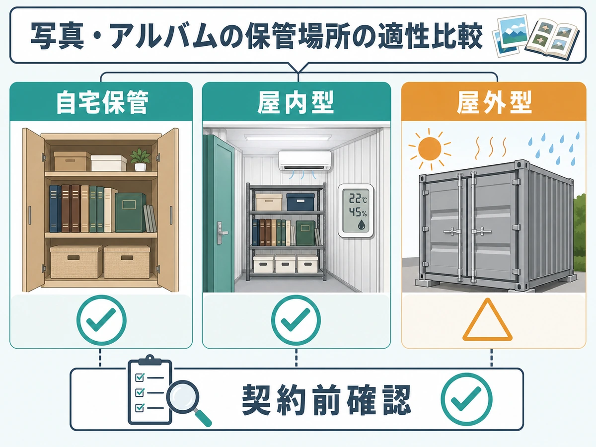 写真やアルバムの保管場所として自宅保管・屋内型・屋外型を比較し契約前確認を促す図解