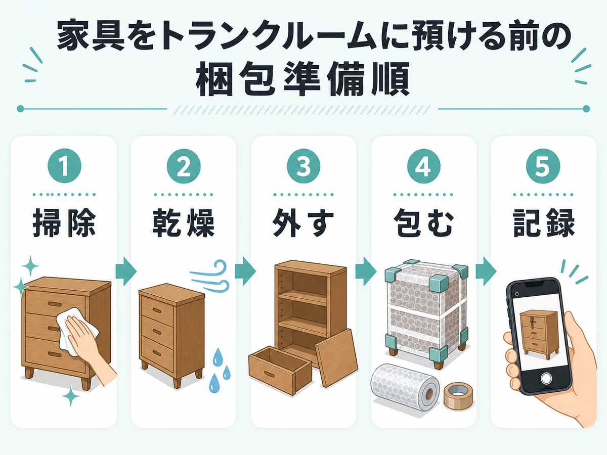 家具を預ける前の掃除、乾燥、外す、包む、記録の流れ