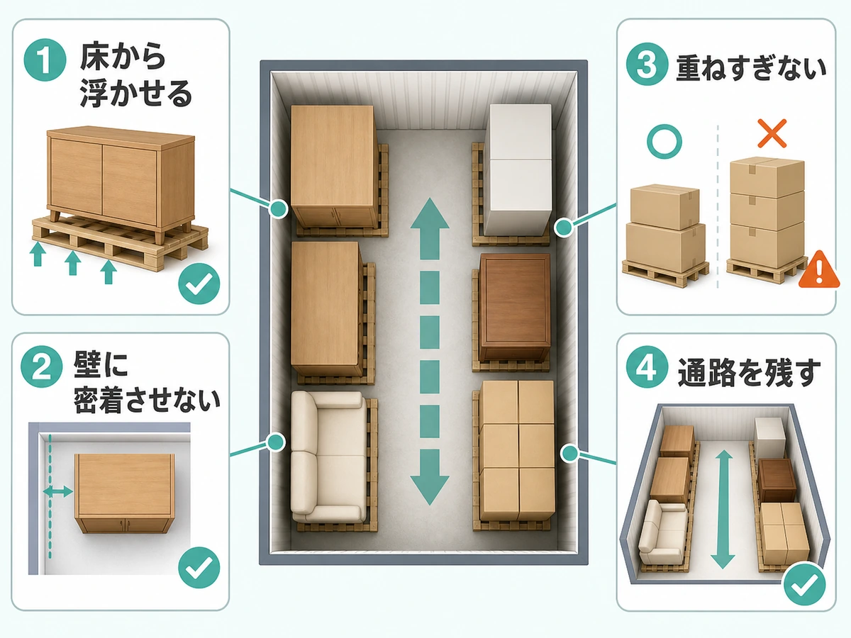 家具を床から浮かせ、壁に密着させず、通路を残す置き方