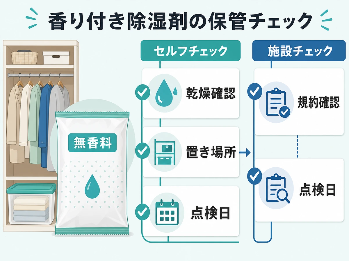香り付き除湿剤を使う前に無香料、乾燥確認、置き場所、規約確認、点検日を確認する流れ
