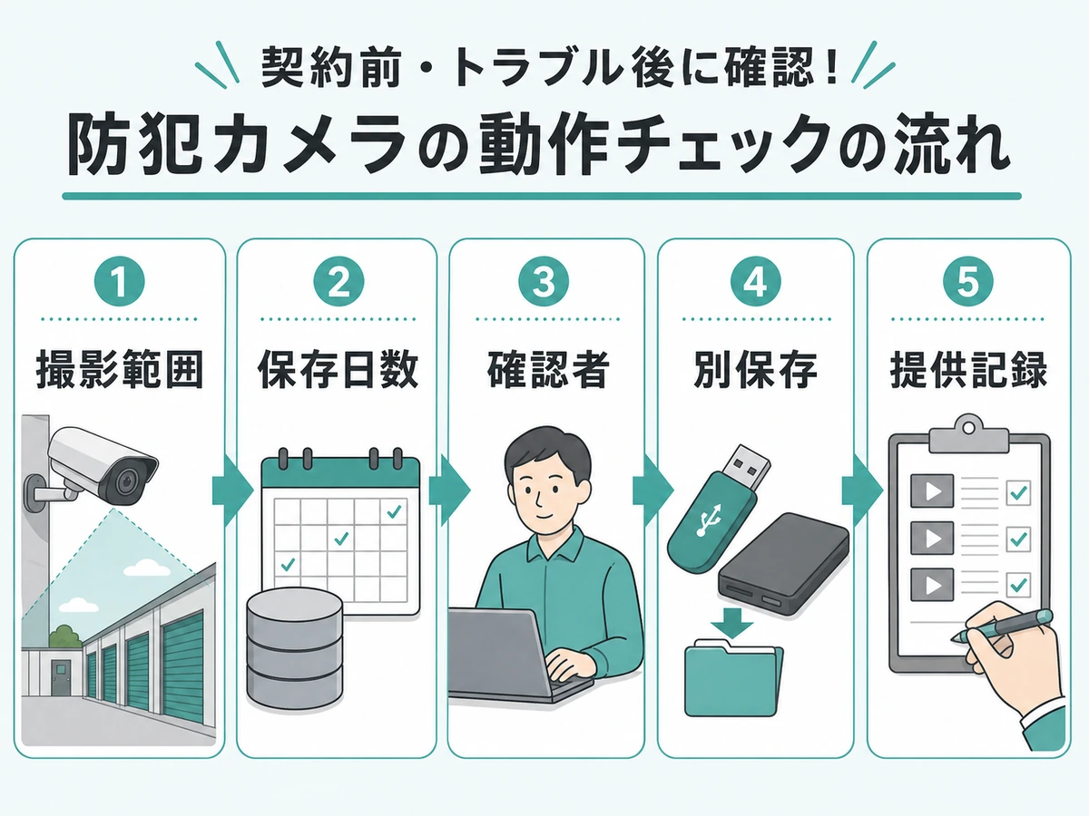 監視カメラの撮影範囲、保存日数、確認者、別保存、提供記録の確認順