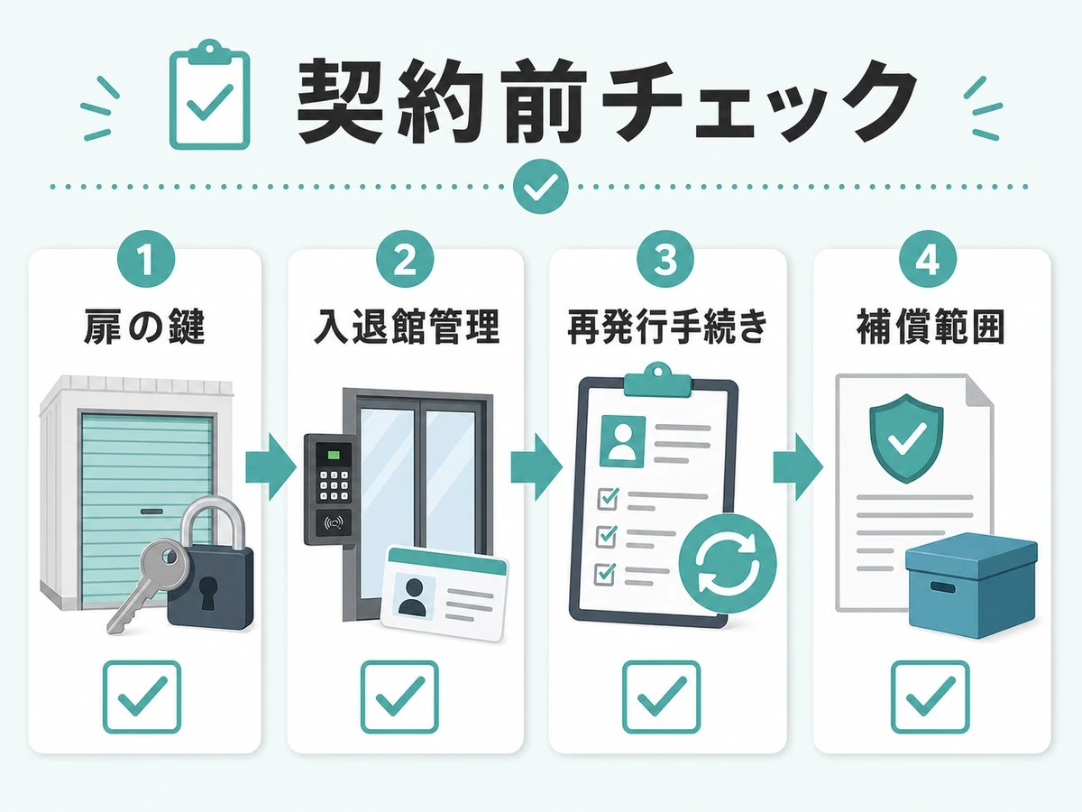 契約前に確認する鍵と補償のチェック項目を示す図解