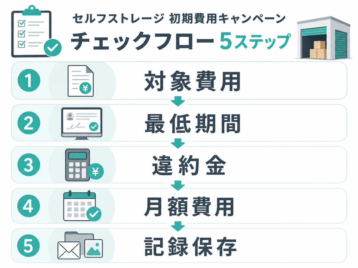 トランクルーム初期費用キャンペーンの対象費用、最低期間、違約金、月額費用、記録保存を確認するフロー図
