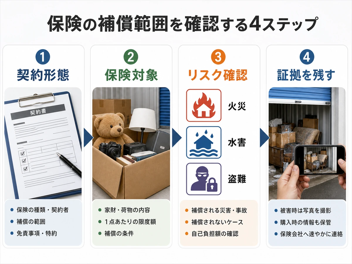 契約形態、保険対象、リスク確認、証拠保存の順番を示すトランクルーム保険チェックフロー