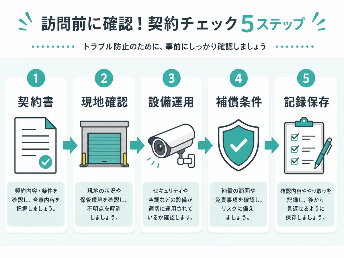 契約書、現地確認、設備運用、補償条件、記録保存の順に示す確認フロー