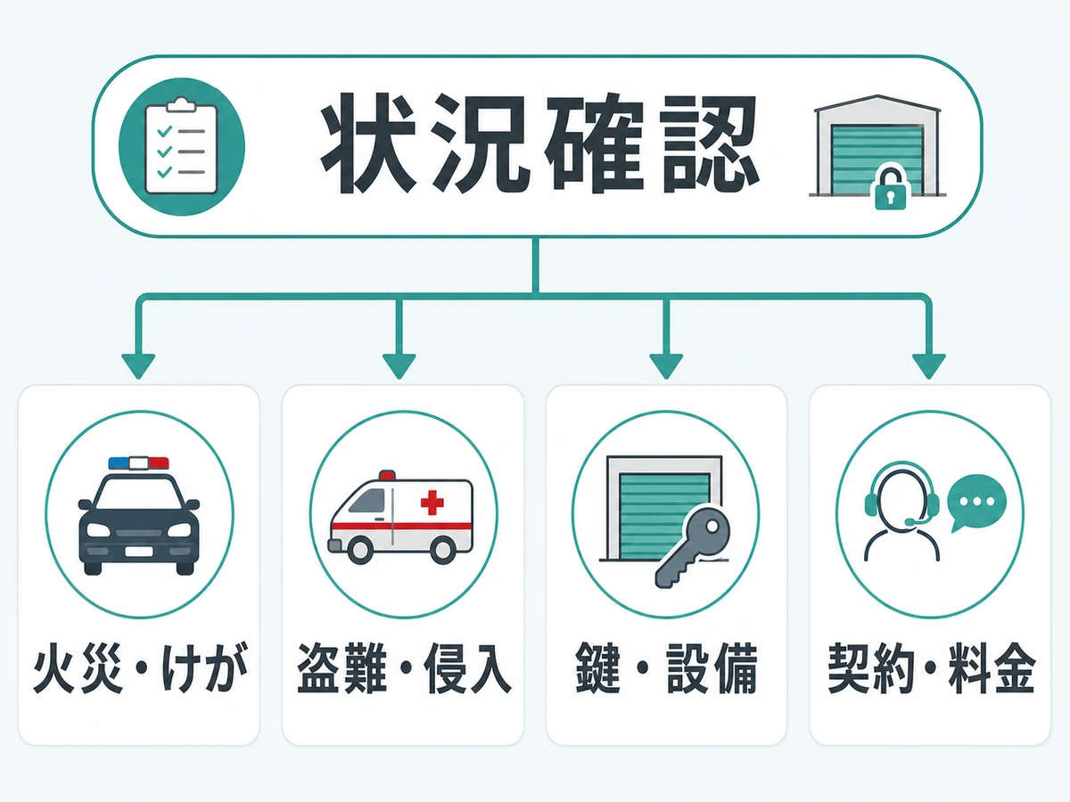火災・けが、盗難・侵入、鍵・設備、契約・料金の連絡先判断チャート